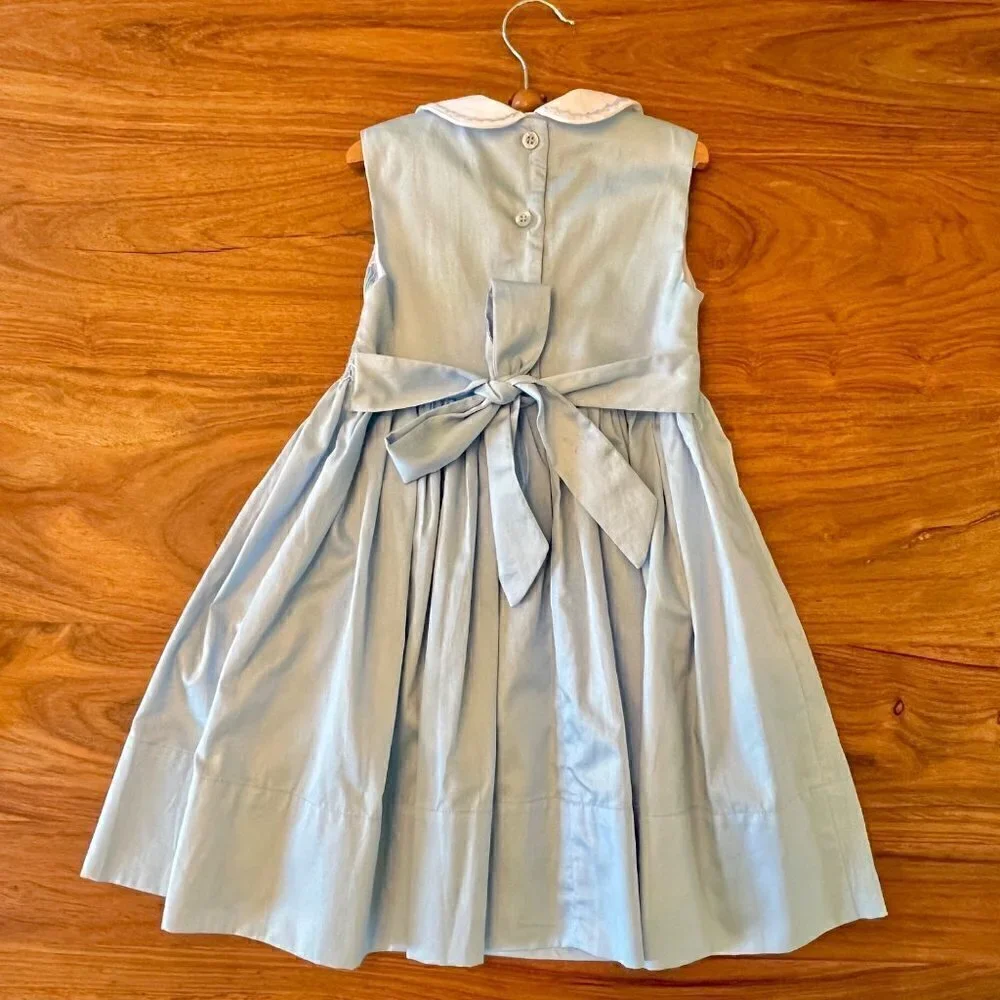 Solid Blue Smocked Dress Pink Rose Embroidery Peter Pan Collar & Sock Bundle